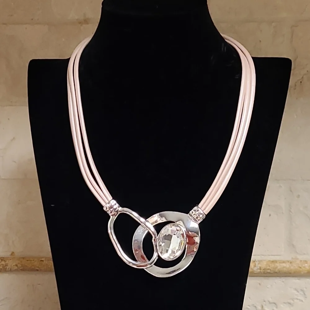 Abstract Design Crystal Embellished Pink Leather Multistrand Statement Necklace